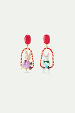 N2 Asymmetrical Dangle Clip-On Earrings with Rabbit Hansel and Gretel on Red Swing