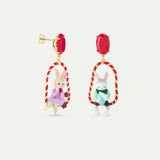 N2 Asymmetrical Dangle Post Earrings with Rabbit Hansel and Gretel on Red Swing