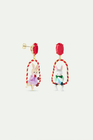 N2 Asymmetrical Dangle Post Earrings with Rabbit Hansel and Gretel on Red Swing