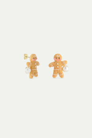 N2 Gingerbread Man and White Imitation Pearl Post Earrings
