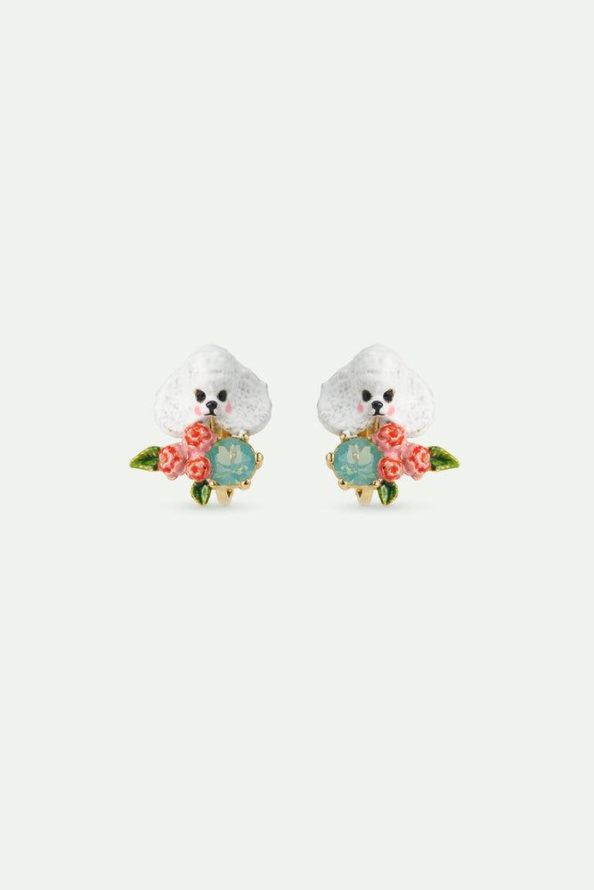 Les Néréides Loves Animals - Poodle, Pink Flowers and Blue Stone Clip-On Earrings