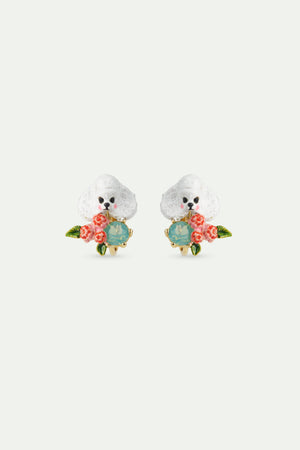 Les Néréides Loves Animals - Poodle, Pink Flowers and Blue Stone Clip-On Earrings