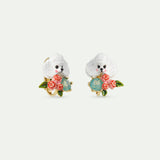 Les Néréides Loves Animals - Poodle, Pink Flowers and Blue Stone Clip-On Earrings