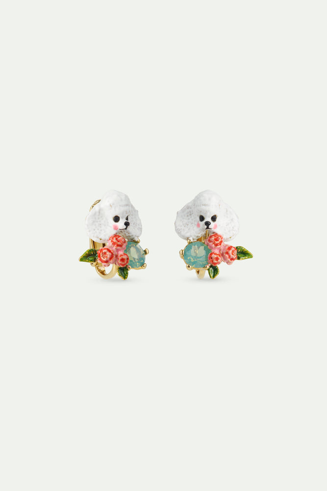 Les Néréides Loves Animals - Poodle, Pink Flowers and Blue Stone Clip-On Earrings