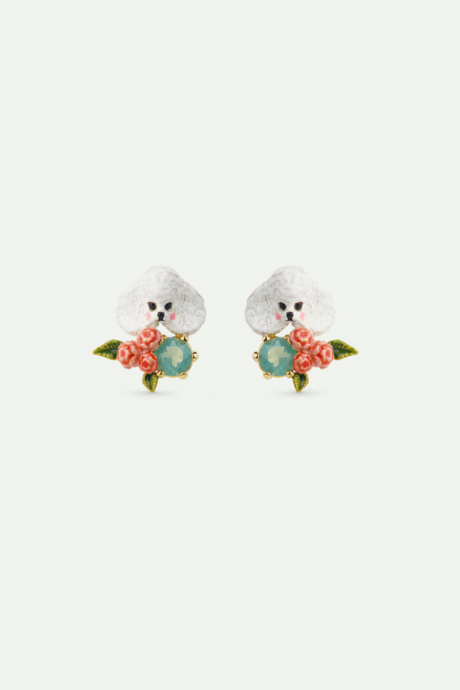 Les Néréides Loves Animals - Poodle, Pink Flowers and Blue Stone Post Earrings