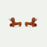 Les Néréides Loves Animals - Dachshund Post Earrings with Daisy and Garnet Red Stone