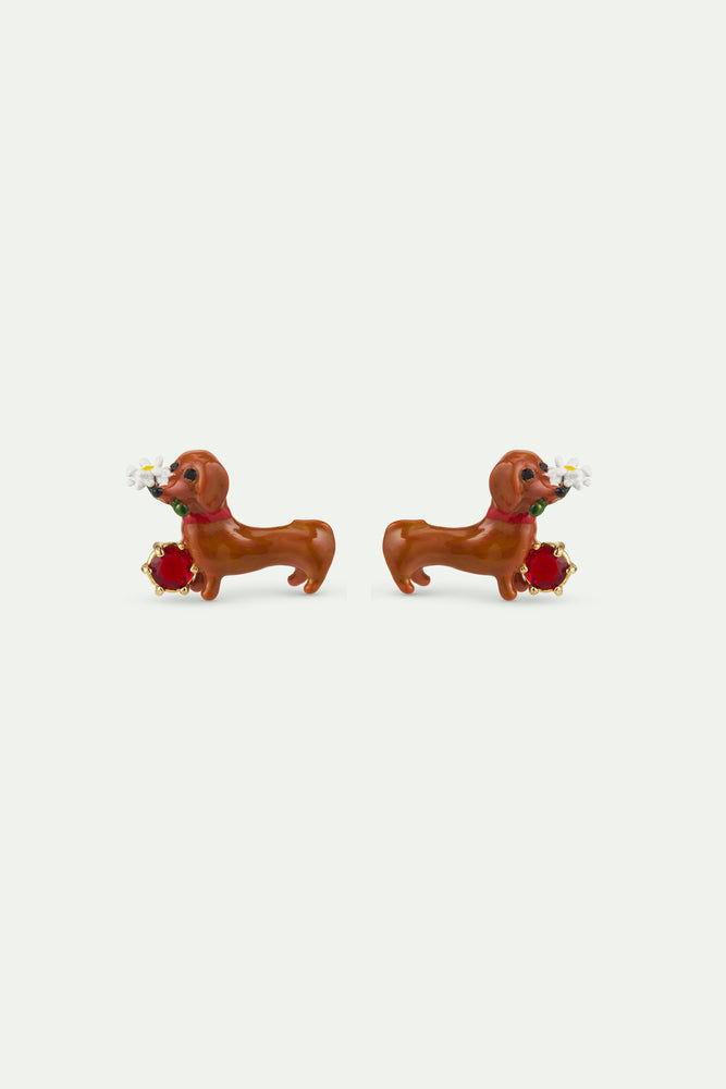 Les Néréides Loves Animals - Dachshund Post Earrings with Daisy and Garnet Red Stone