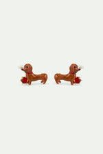 Les Néréides Loves Animals - Dachshund Post Earrings with Daisy and Garnet Red Stone