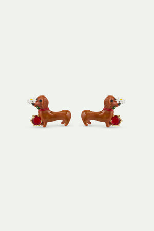 Les Néréides Loves Animals - Dachshund Post Earrings with Daisy and Garnet Red Stone
