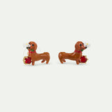 Les Néréides Loves Animals - Dachshund Post Earrings with Daisy and Garnet Red Stone