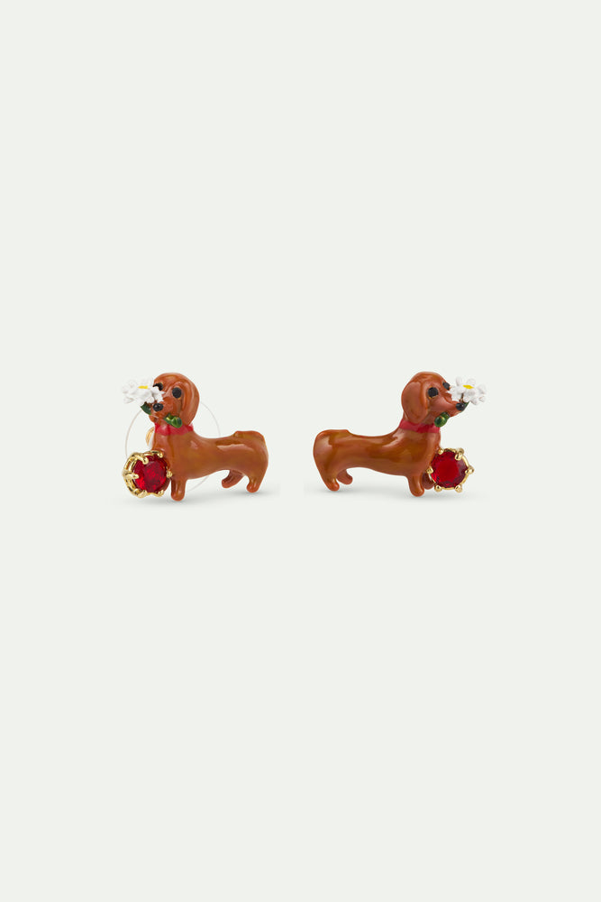Les Néréides Loves Animals - Dachshund Post Earrings with Daisy and Garnet Red Stone
