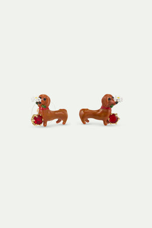 Les Néréides Loves Animals - Dachshund Post Earrings with Daisy and Garnet Red Stone