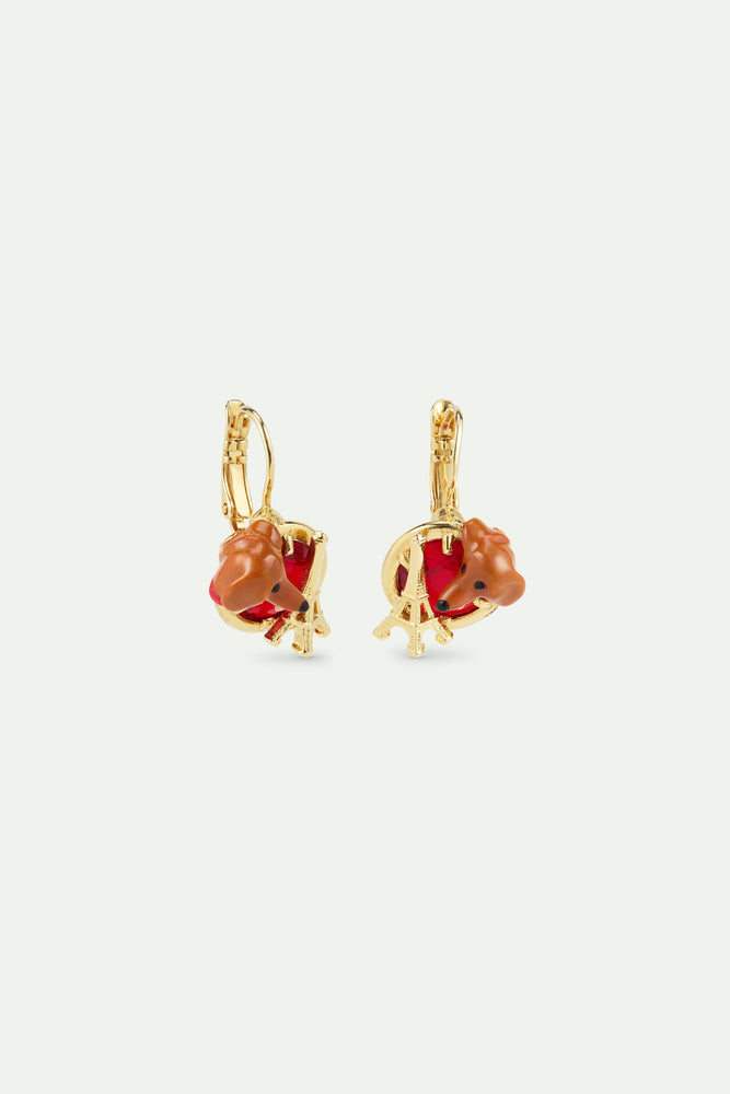 Les Néréides Loves Animals - Dachshund Sleeper Earrings with Eiffel Tower and Garnet Red Round Stone