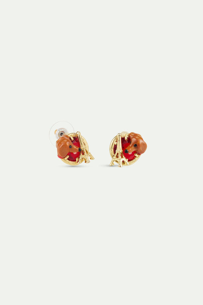 Les Néréides Loves Animals - Dachshund Post Earrings with Eiffel Tower and Garnet Red Stone