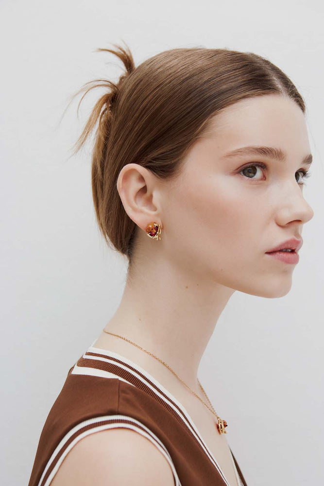 Les Néréides Loves Animals - Dachshund Sleeper Earrings with Eiffel Tower and Garnet Red Round Stone