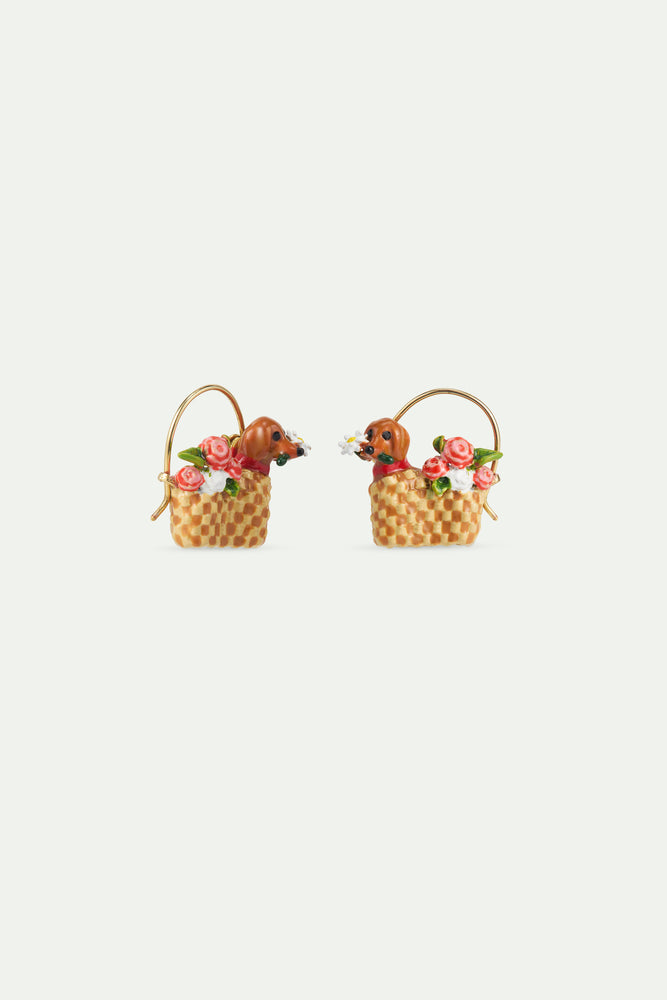 Les Néréides Loves Animals - Basket, Dachshund and Flower Sleeper Earrings