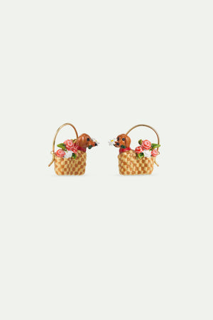 Les Néréides Loves Animals - Basket, Dachshund and Flower Sleeper Earrings