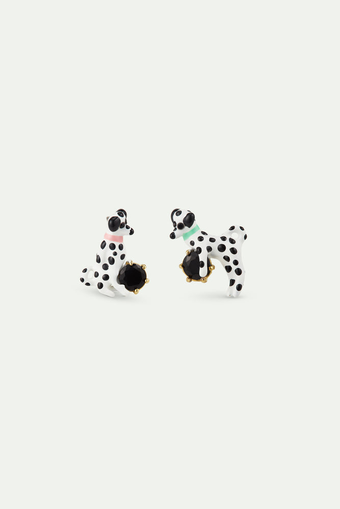 Les Néréides Loves Animals - Asymmetrical Post Earrings with Dalmatian and Black Round Faceted Stone