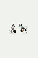 Les Néréides Loves Animals - Asymmetrical Post Earrings with Dalmatian and Black Round Faceted Stone