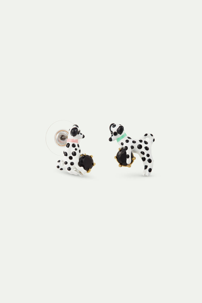 Les Néréides Loves Animals - Asymmetrical Post Earrings with Dalmatian and Black Round Faceted Stone