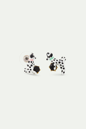 Les Néréides Loves Animals - Asymmetrical Post Earrings with Dalmatian and Black Round Faceted Stone