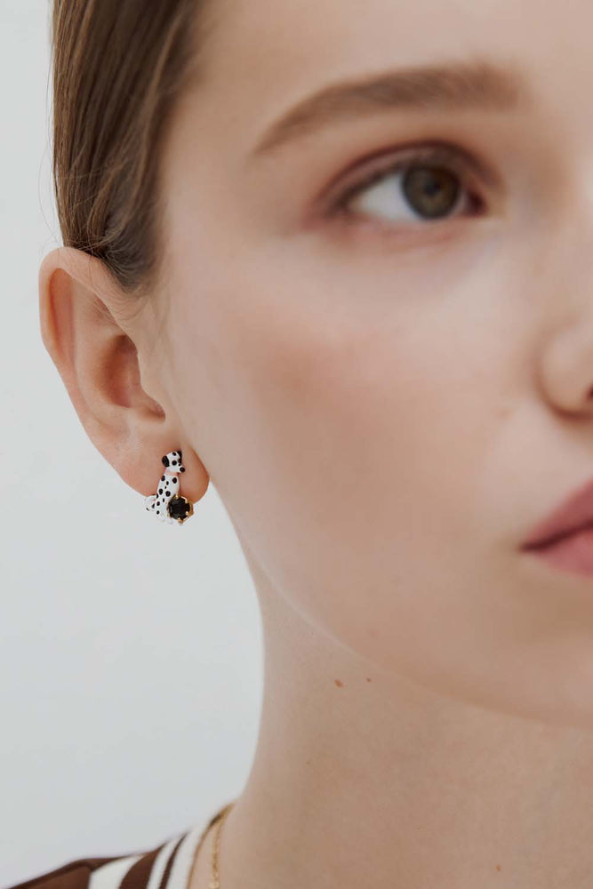 Les Néréides Loves Animals - Asymmetrical Post Earrings with Dalmatian and Black Round Faceted Stone