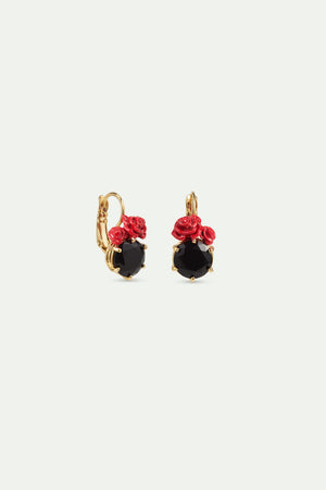 Les Néréides Loves Animals - Black Faceted Stone and Red Rose Sleeper Earrings