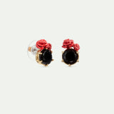 Les Néréides Loves Animals - Black Faceted Stone and Red Rose Post Earrings