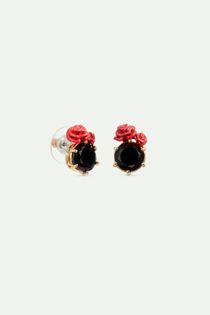 Les Néréides Loves Animals - Black Faceted Stone and Red Rose Post Earrings