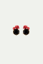 Les Néréides Loves Animals - Black Faceted Stone and Red Rose Post Earrings