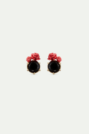 Les Néréides Loves Animals - Black Faceted Stone and Red Rose Post Earrings