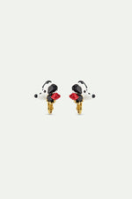 Les Néréides Loves Animals - Dalmatian Clip-On Earrings with Black Round Faceted Glass Stone and Red Rose