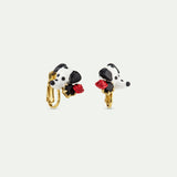 Les Néréides Loves Animals - Dalmatian Clip-On Earrings with Black Round Faceted Glass Stone and Red Rose