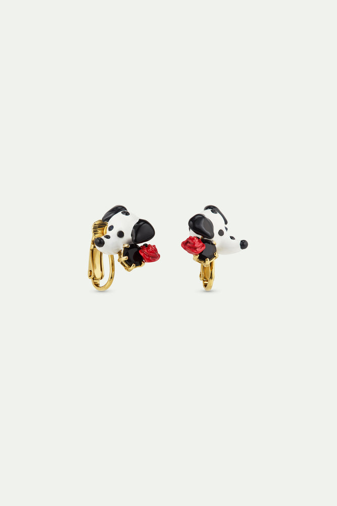 Les Néréides Loves Animals - Dalmatian Clip-On Earrings with Black Round Faceted Glass Stone and Red Rose