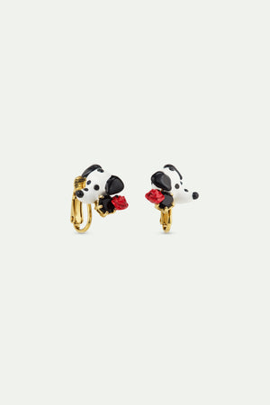 Les Néréides Loves Animals - Dalmatian Clip-On Earrings with Black Round Faceted Glass Stone and Red Rose