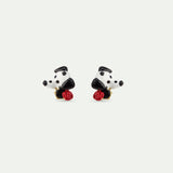Les Néréides Loves Animals - Dalmatian Post Earrings with Black Round Faceted Glass Stone and Red Rose