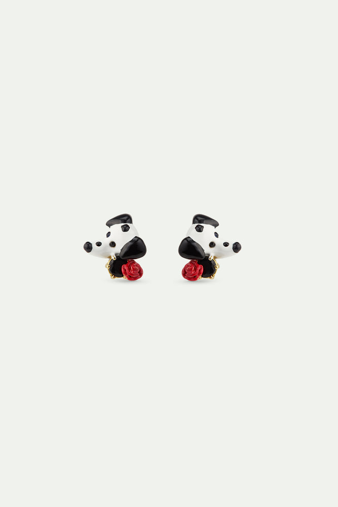 Les Néréides Loves Animals - Dalmatian Post Earrings with Black Round Faceted Glass Stone and Red Rose