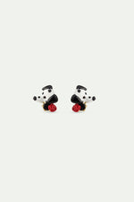 Les Néréides Loves Animals - Dalmatian Post Earrings with Black Round Faceted Glass Stone and Red Rose