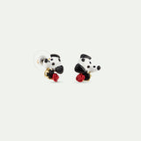 Les Néréides Loves Animals - Dalmatian Post Earrings with Black Round Faceted Glass Stone and Red Rose