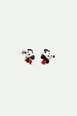 Les Néréides Loves Animals - Dalmatian Post Earrings with Black Round Faceted Glass Stone and Red Rose
