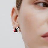 Les Néréides Loves Animals - Dalmatian Post Earrings with Black Round Faceted Glass Stone and Red Rose