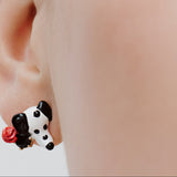 Les Néréides Loves Animals - Dalmatian Clip-On Earrings with Black Round Faceted Glass Stone and Red Rose