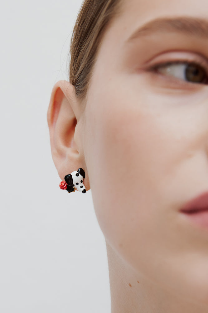 Les Néréides Loves Animals - Dalmatian Clip-On Earrings with Black Round Faceted Glass Stone and Red Rose