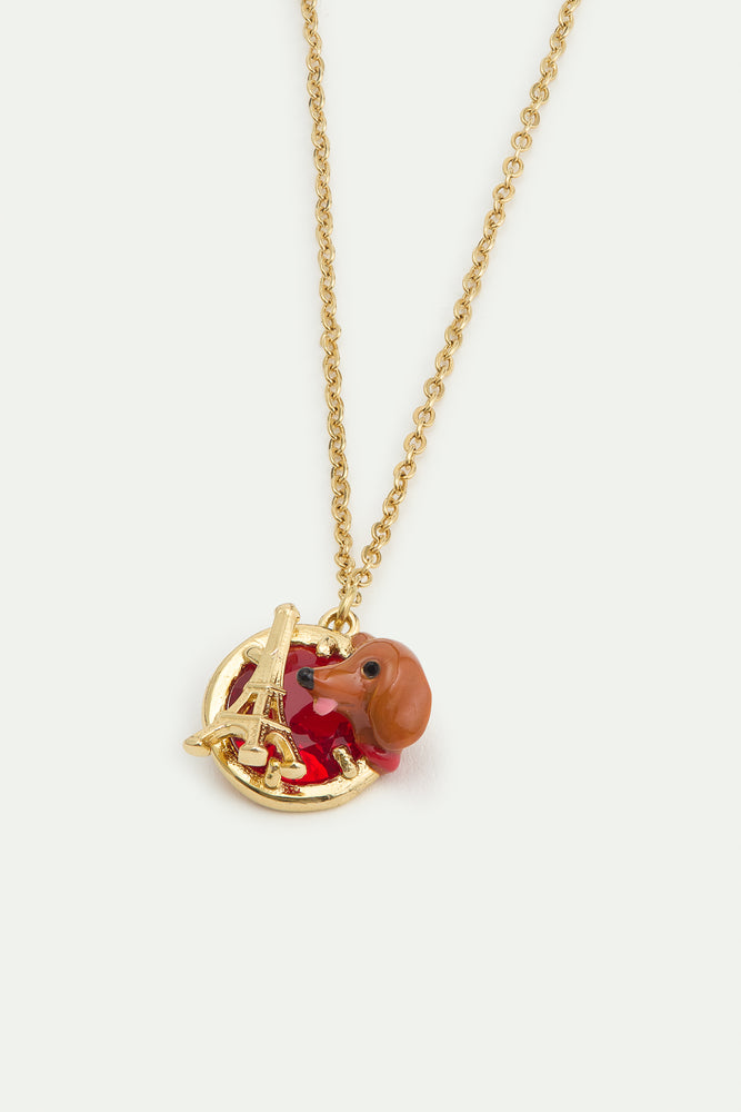 Les Néréides Loves Animals - Dachshund Fine Bracelet with Eiffel Tower and Garnet Red Stone
