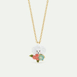 Les Néréides Loves Animals - Poodle Pendant Necklace with Pink Roses and a Blue Stone