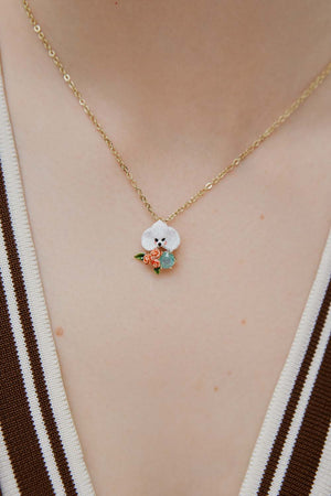 Les Néréides Loves Animals - Poodle Pendant Necklace with Pink Roses and a Blue Stone