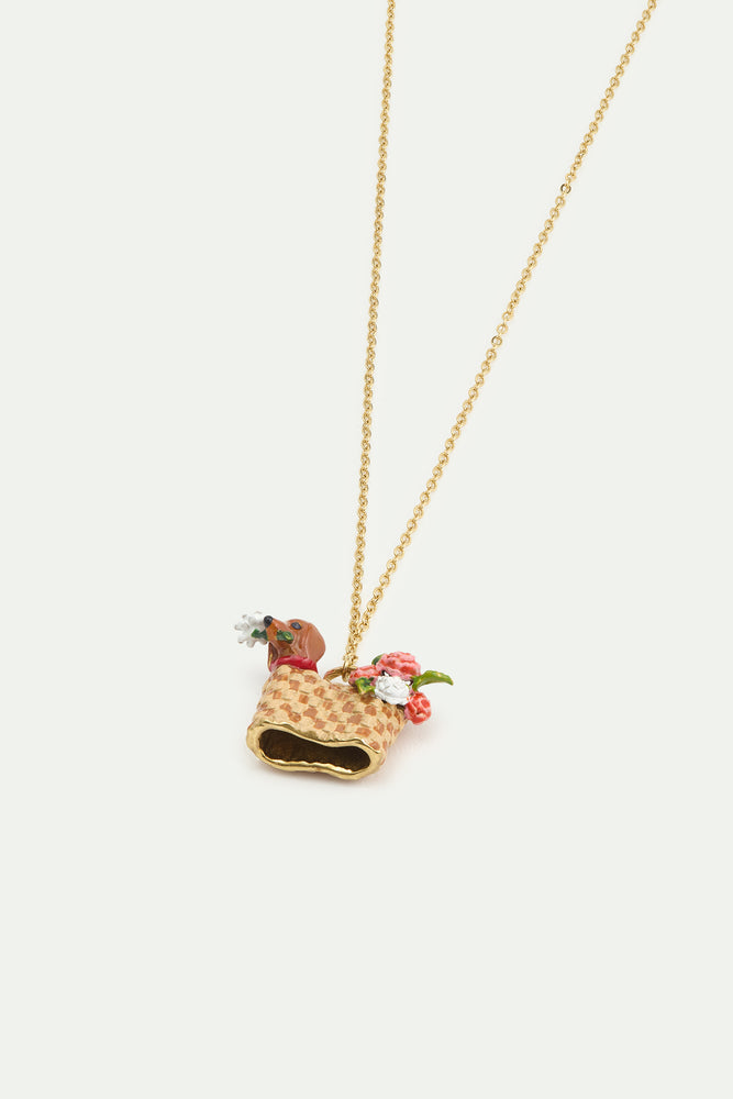 Les Néréides Loves Animals - Basket, Dachshund and Flower Pendant Necklace