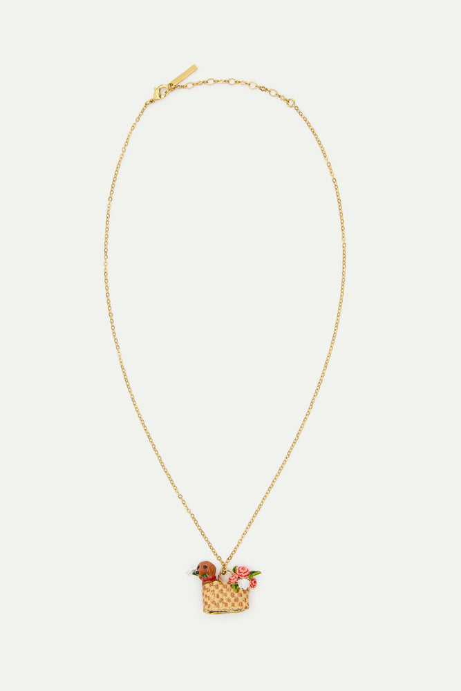 Les Néréides Loves Animals - Basket, Dachshund and Flower Pendant Necklace