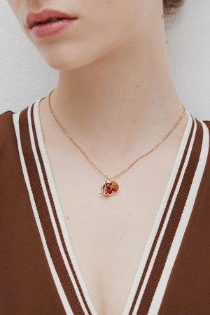 Les Néréides Loves Animals - Dachshund Pendant Necklace with Eiffel Tower and Garnet Red Stone