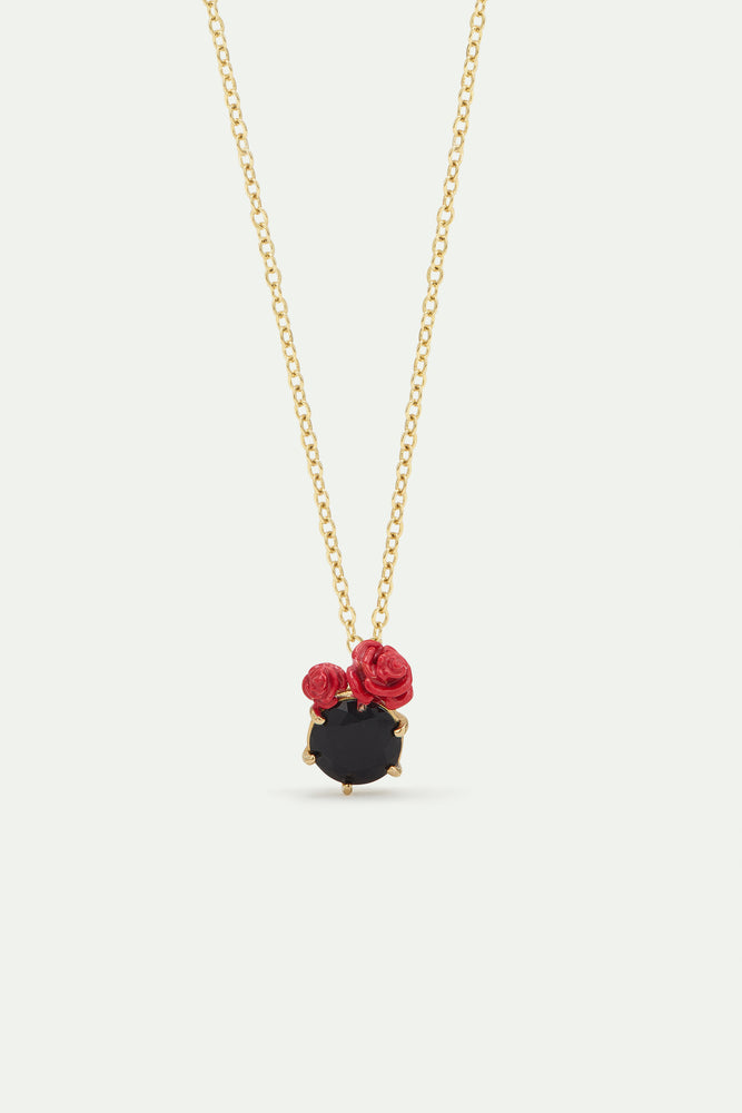 Les Néréides Loves Animals - Black Faceted Stone and Red Rose Pendant Necklace